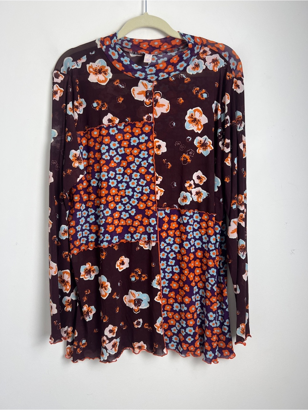 LOGO Layers By Lori Goldstein XL Purple Floral Patchwork Print Sheer Mesh Top - Picture 3 of 11